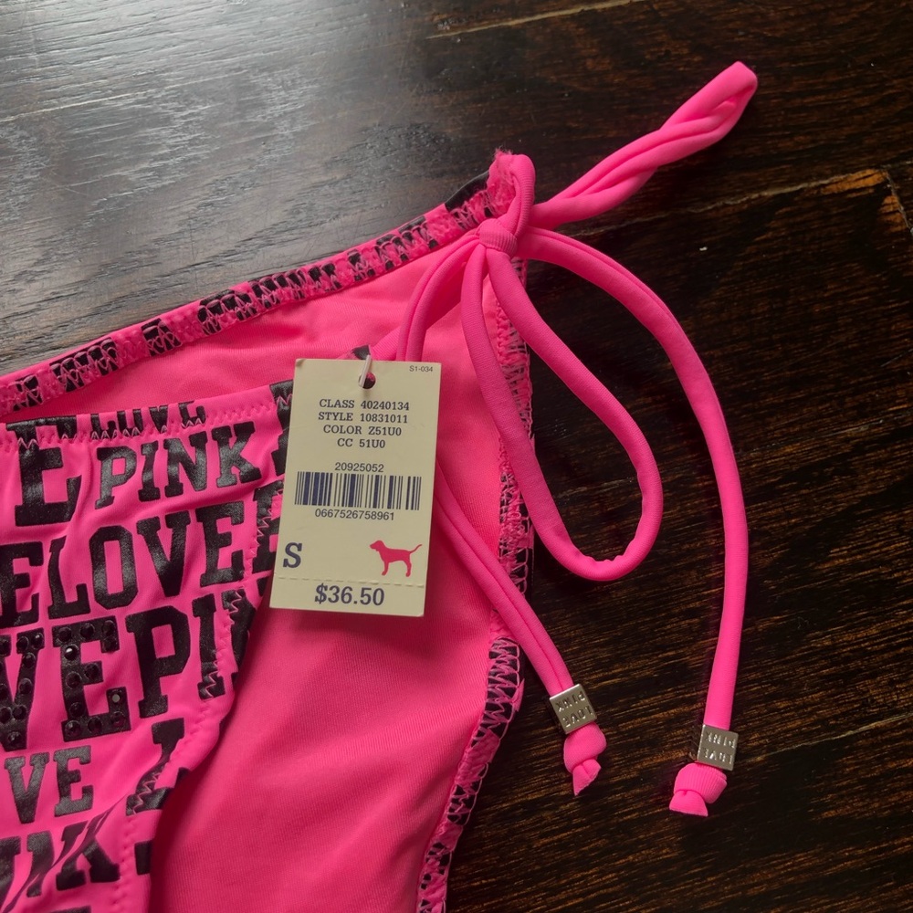 PINK Victoria’s Secret Love Pink Print Ruched Rhinestone Bikini Bottom - Picture 7 of 16